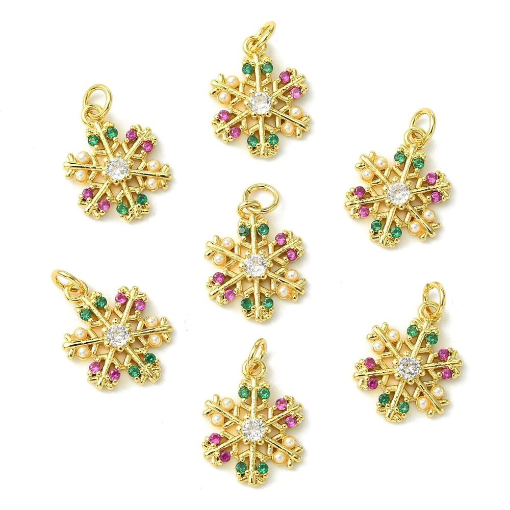 5864 10 Pcs 18K Gold Plated Snowflake Brass Pave Cubic Zirconia Charms